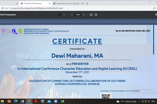 Dosen IIQ Jakarta Dewi Maharani Hasilkan Karya pada International Character Education and Digital Learning (ICCEDL 2021)