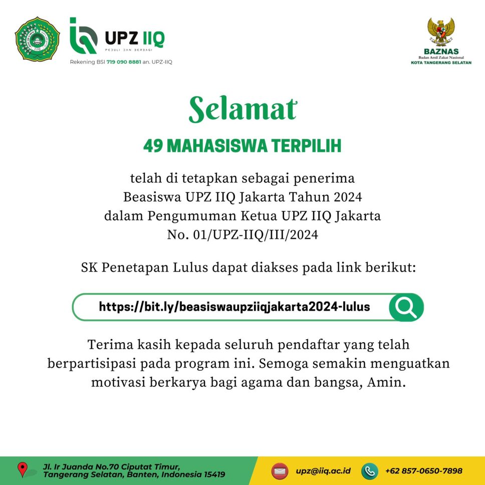 49 Mahasiswa IIQ Jakarta Terpilih sebagai Penerima Beasiswa UPZ Tahun 2024